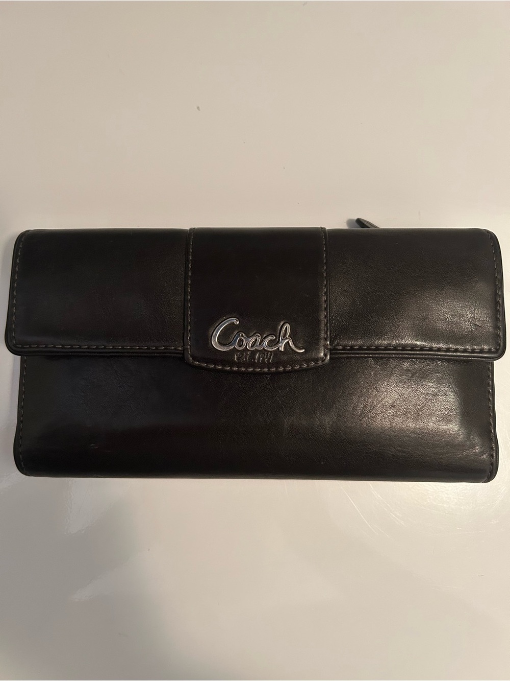 Coach Black Leather Flap Wallet with Signature Logo
